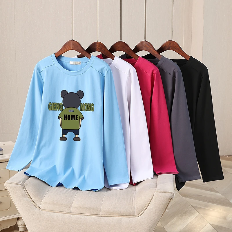 3385大码女装烫画洋气衣服女春季新款胖MM250斤宽松遮肉长袖T恤女