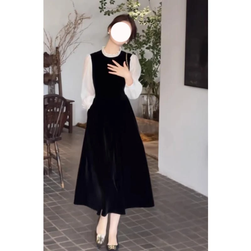 法式黑色拼接长袖连衣裙女2025秋季新款小个子收腰显瘦气质小黑裙