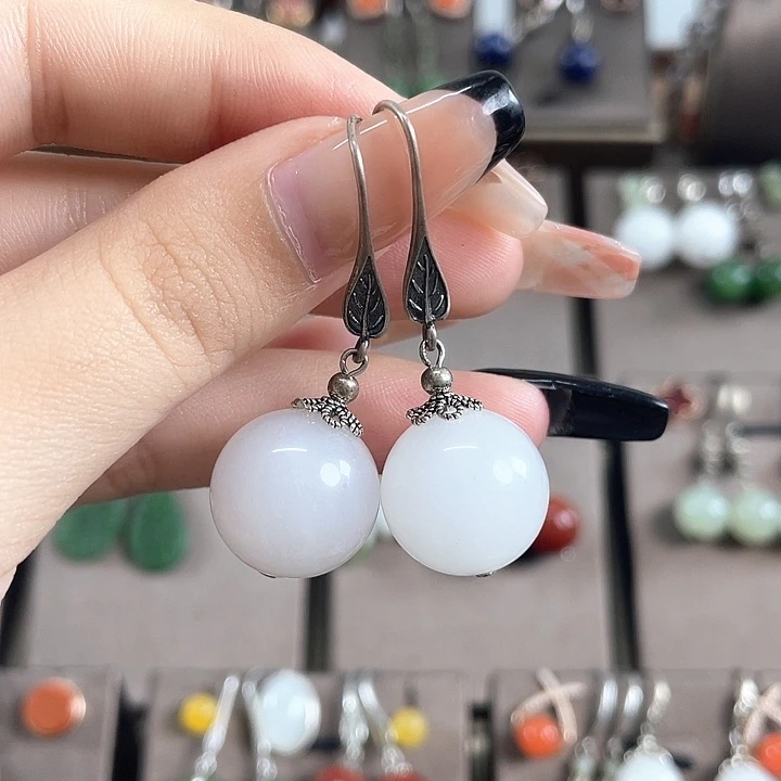 石英质玉（金丝玉）银S925镶嵌耳饰16左右