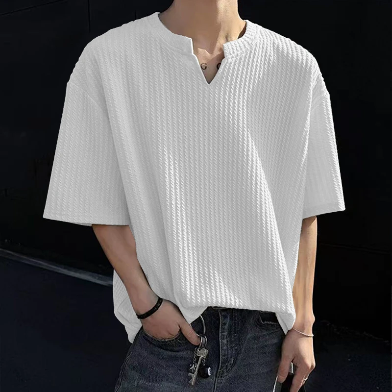 男士夏季新款2025年潮流休闲v领宽松百搭打底衫纯色短袖T恤男上衣
