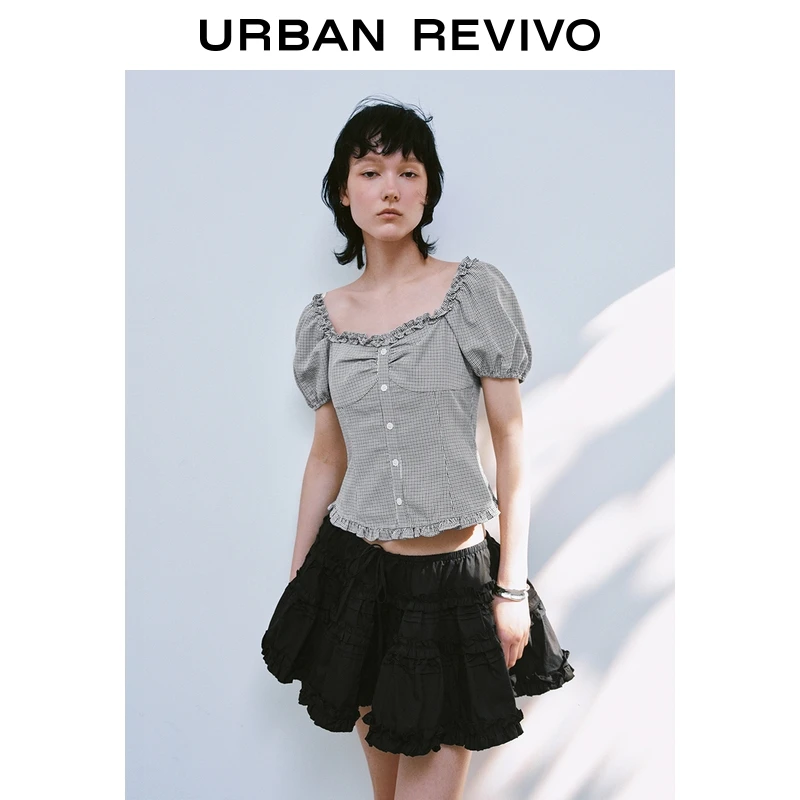 UR2025夏季新款女装撞色格纹木耳边泡泡袖罩衫衬衫UYL250073