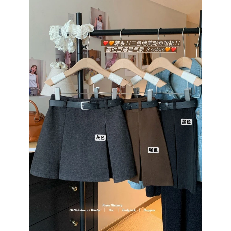 咖色毛呢半身裙女冬季新款包臀短裙小个子美式复古辣妹百搭a字裙