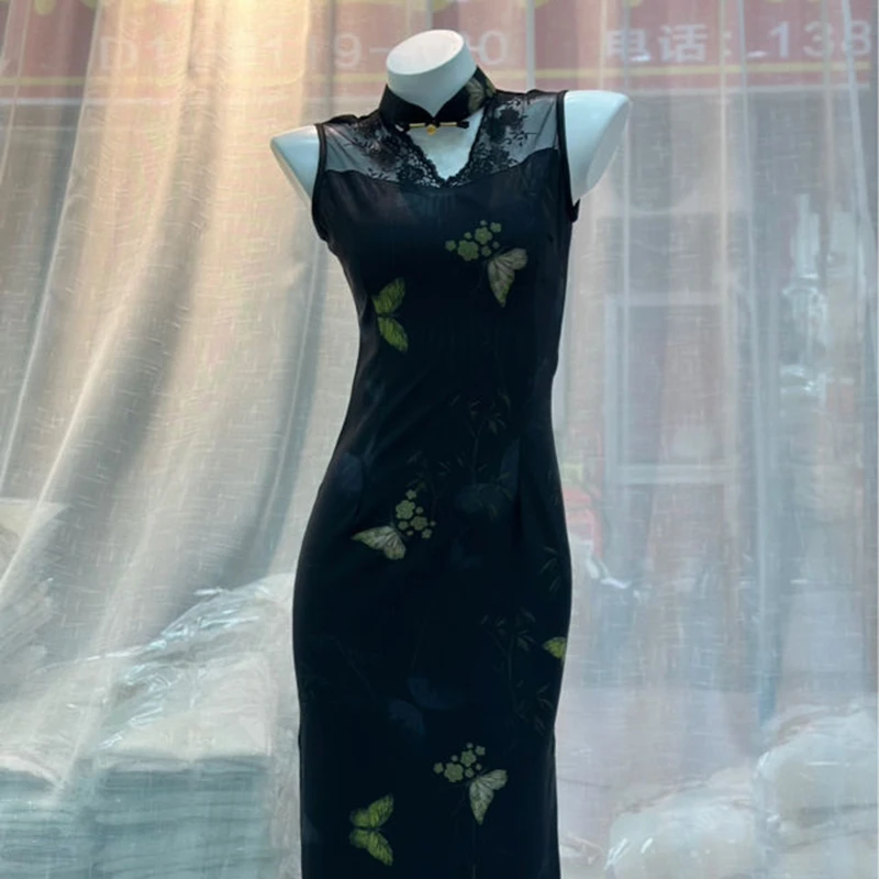 收腰裙中长裙长裙旗袍领低开衩花色单旗袍旗袍无袖半圆襟约会