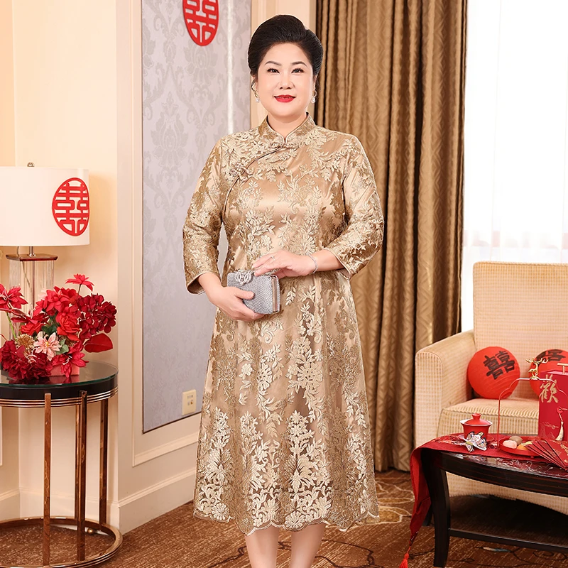 高端妈妈喜婆婆婚宴装丈母娘礼服香槟色洋气轻奢高级感旗袍连衣裙