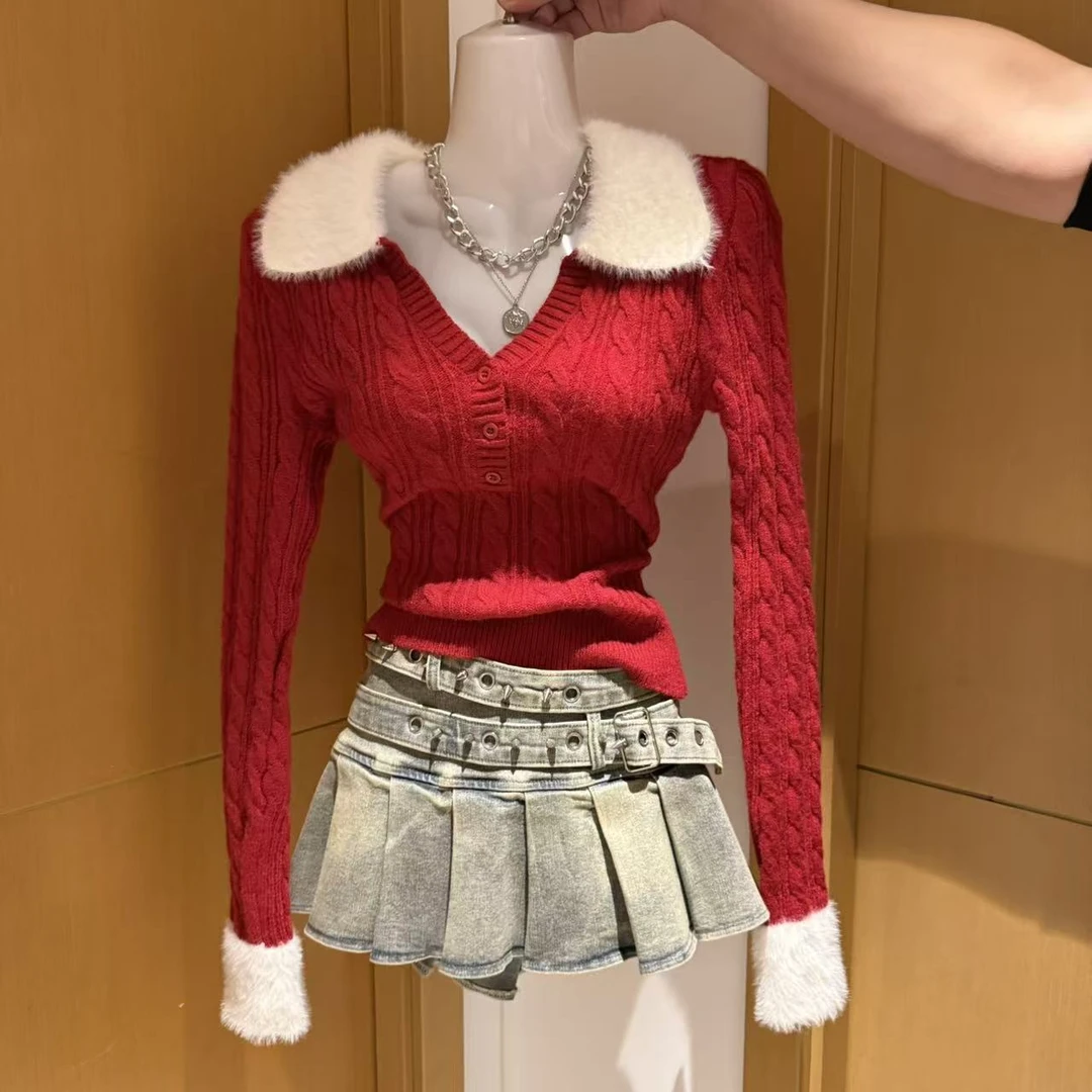 雪月魔法红色毛衣+牛仔百褶裙