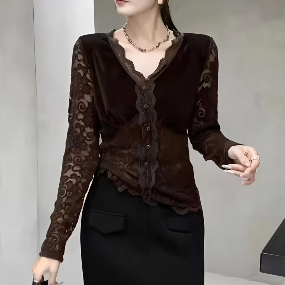 独特设计感纯欲性感V领蕾丝花边T恤女春秋小众内搭打底衫修身上衣