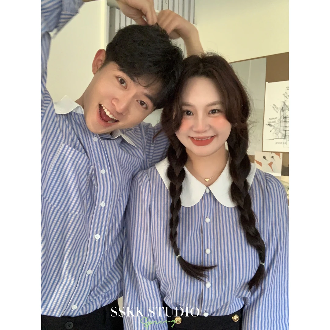 KMZY/KMZY山_山【海派甜心】微胖mm韩版学院风少女蓝白条纹衬衫上衣