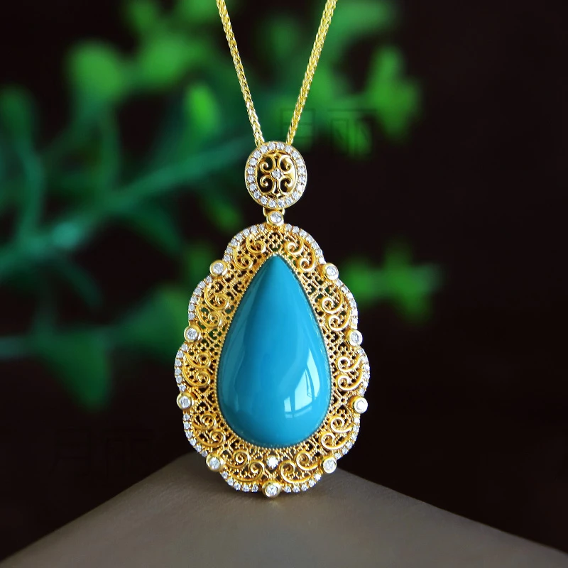月丽18K金镶天然原矿绿松石水滴吊坠女高级显贵气 中式国风高瓷蓝