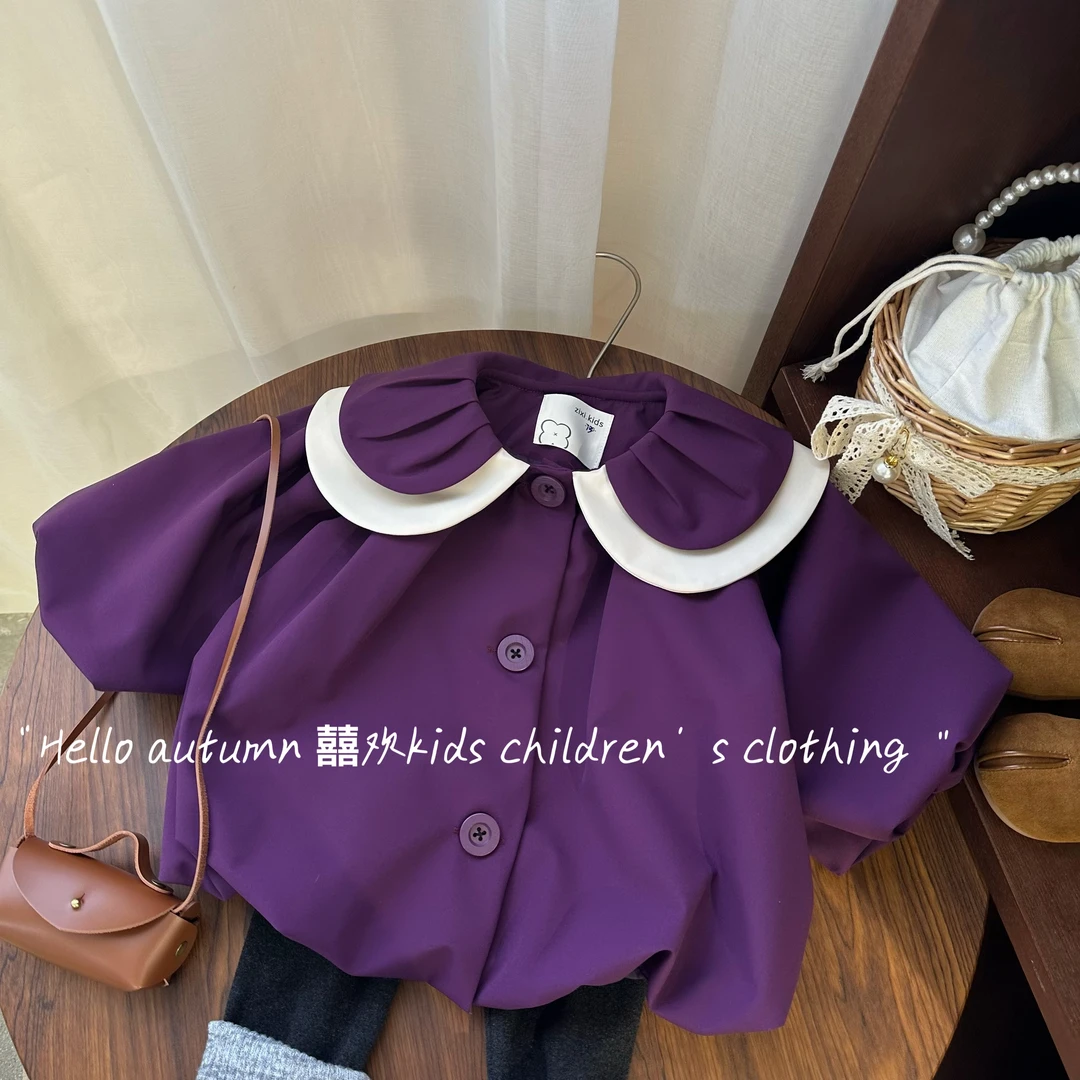 女童春秋紫色风衣外套女宝洋气休闲娃娃领韩版