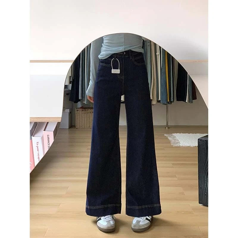 小个子美式复古丹宁蓝微喇阔腿牛仔裤女新款高腰宽松直筒拖地长裤
