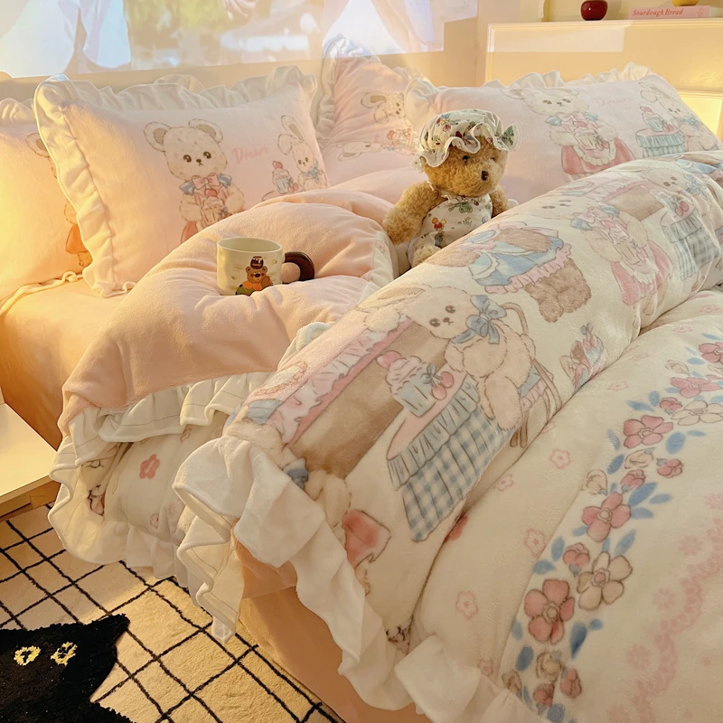 新款洛丽塔花边牛奶绒四件套学生宿舍三件套家用床品珊瑚绒法兰绒