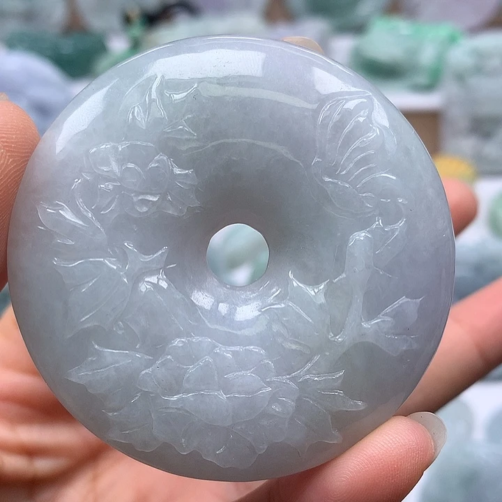 翡翠未镶嵌颈饰花开富贵平安扣两面工艺福利卡厚12