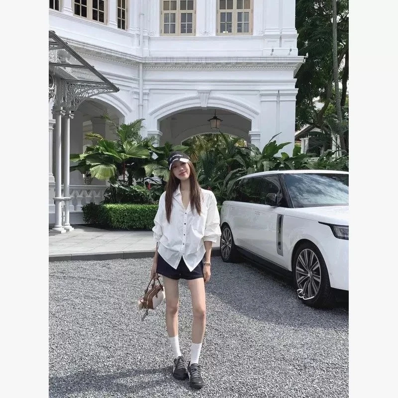 (全额运补)韩版时尚气质泡泡袖收腰白色翻领衬衫女夏季高级感上衣