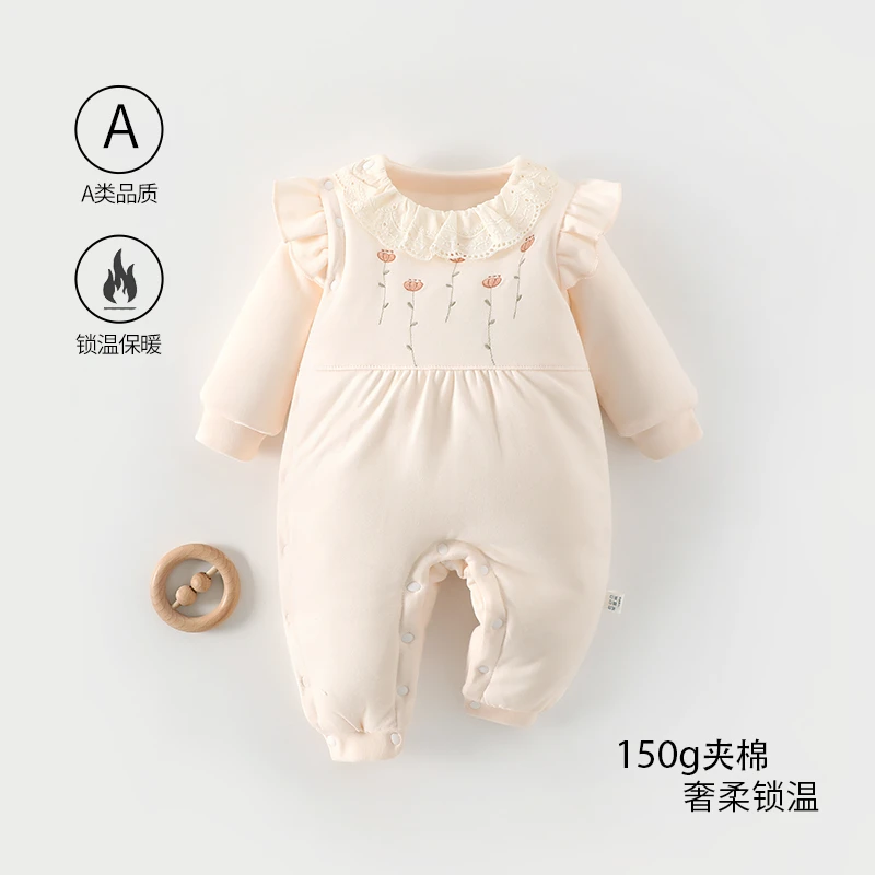 A类婴幼儿冬季棉服夹棉女哈衣新生儿保暖连体长爬服女宝锁温宝宝
