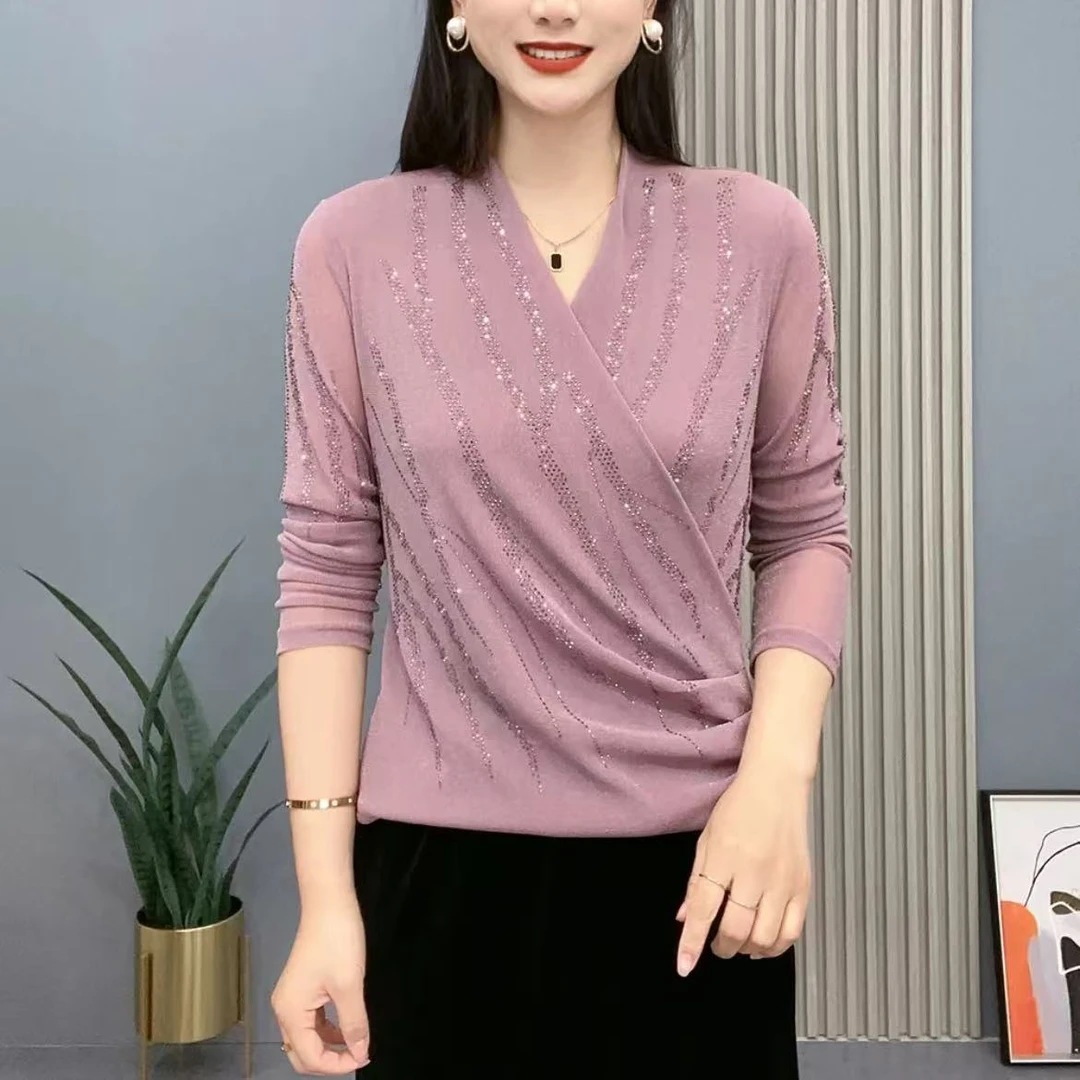 2025春夏新款交叉领简约气质烫钻百搭纯色洋气修身显瘦长袖小衫