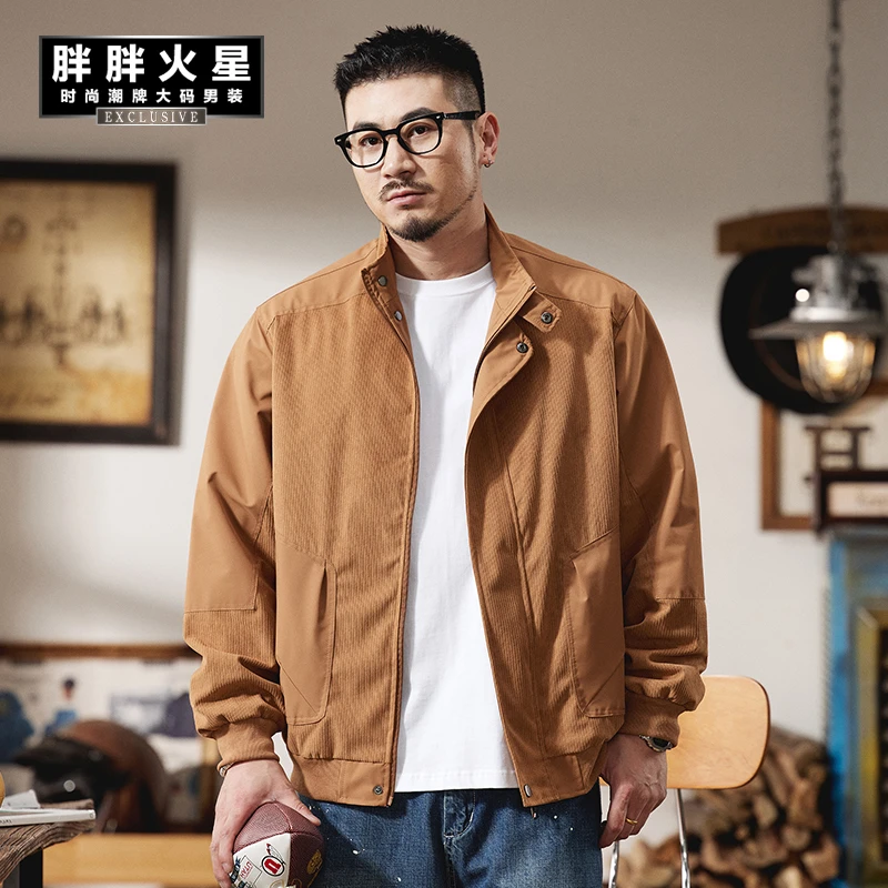 胖胖火星大码男装春季拼色休闲外套男士新款户外宽松潮流翻领夹克