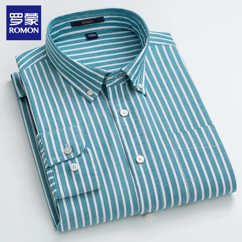 罗蒙100%纯棉长袖高档衬衫春秋商务休闲条纹寸衫男士中年格子衬衣