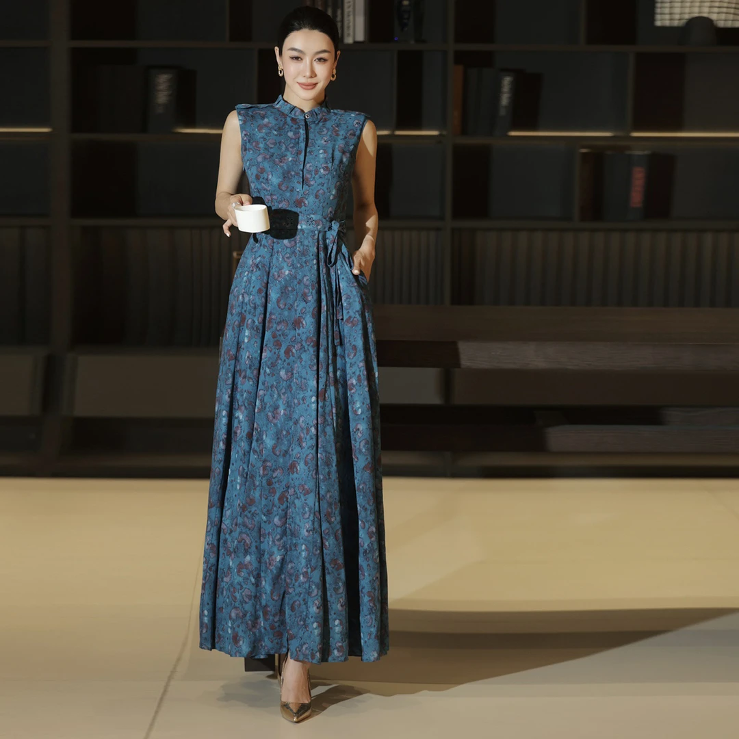 欧美风法式蓝色碎花高开叉度假女神长裙夏季浪漫优雅沙滩连衣裙仙