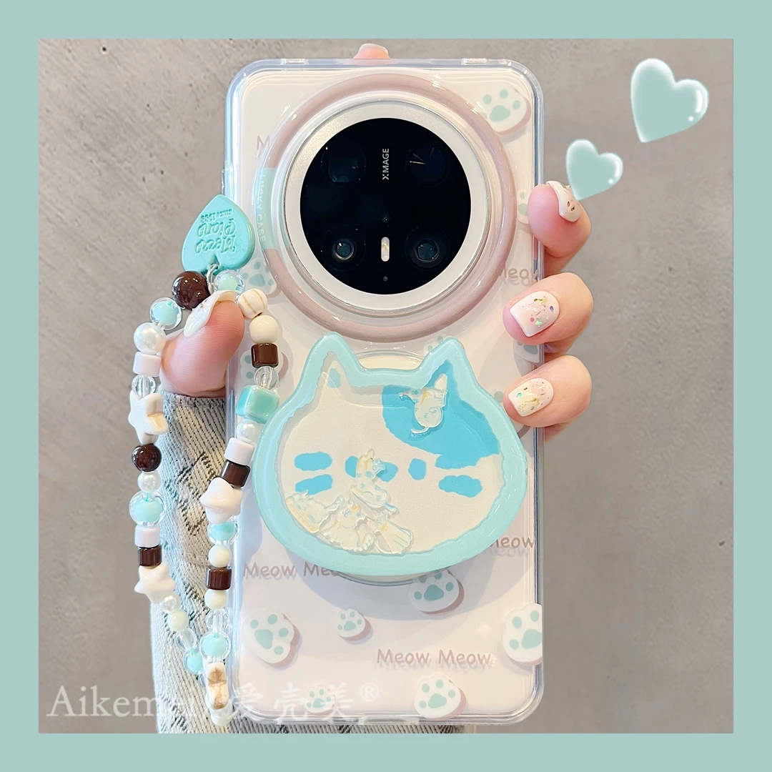 适用华为mate70pro+手机壳透明猫爪Mate60pro+猫咪摇摇乐磁吸支架