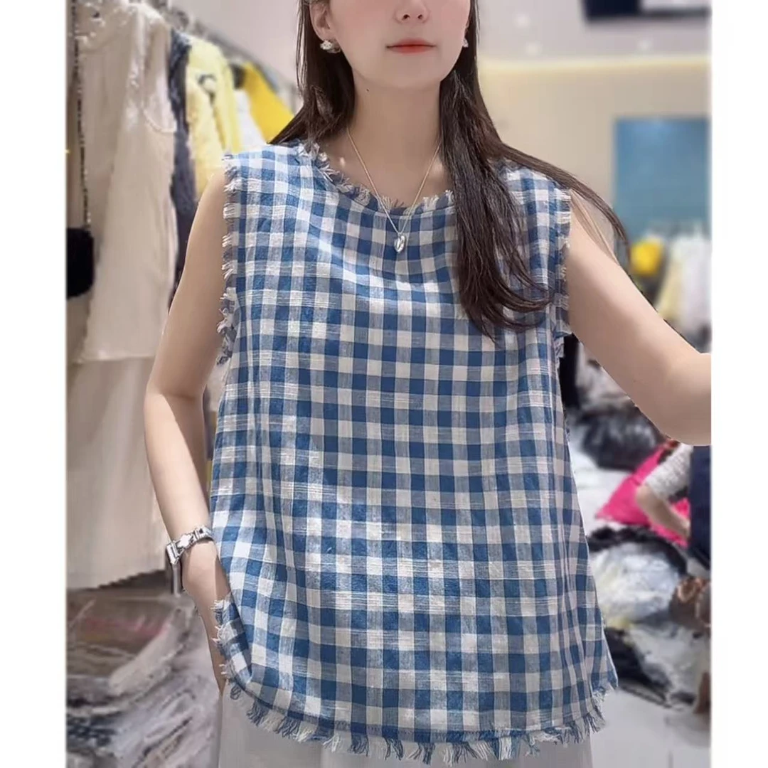 【三懿服饰】夏季无袖经典格子流苏边套头款上衣-8199