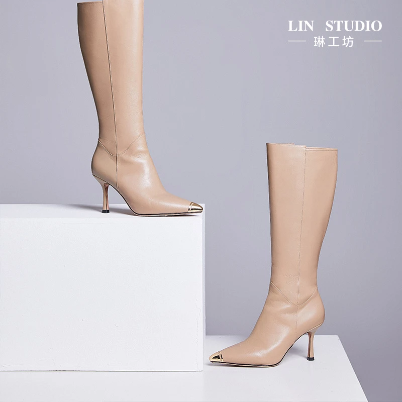【微瑕疵7折 不退换】琳工坊欲绾香槟色长筒靴尖头唐琳设计师