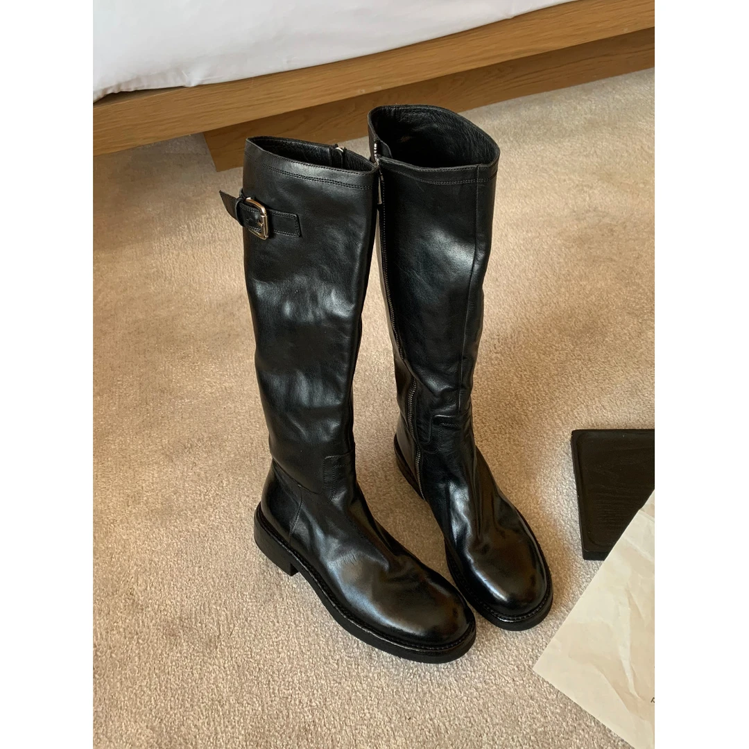 水洗牛皮~真皮黑色复古长靴百搭显瘦粗跟骑士靴女长筒靴高筒靴子