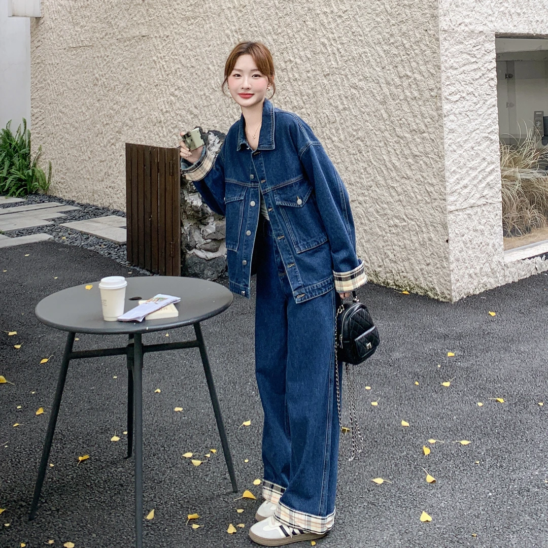 复古港风时尚通勤牛仔套装女春秋季格纹拼接工装外套阔腿裤两件套