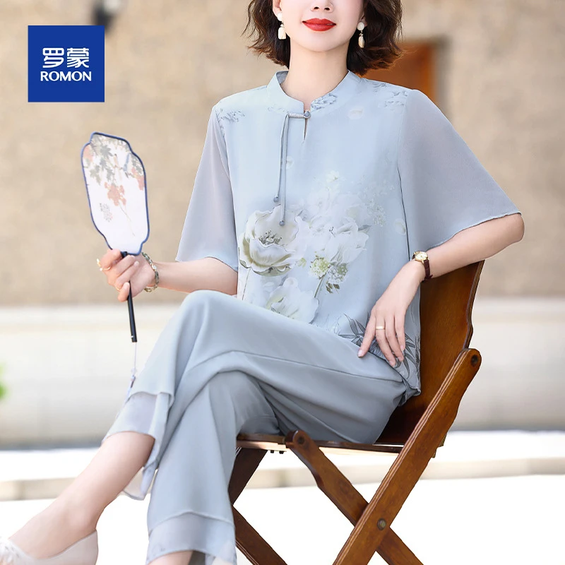 妈妈夏装套装气质新中式雪纺衫2025新款中老年女夏季短袖上衣小衫