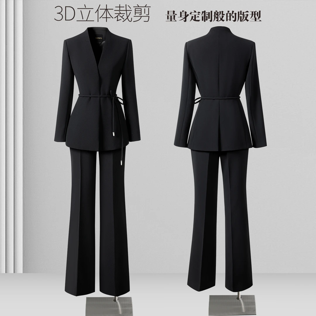 新中式黑色无领西装套装女春秋商务正装通勤干练高端职业西服外套