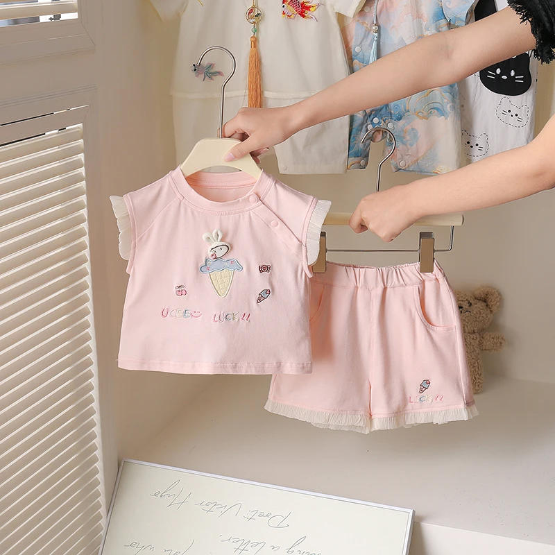 夏季新款婴儿套装女宝宝衣服女童无袖爬服幼儿夏天外出服休闲可爱