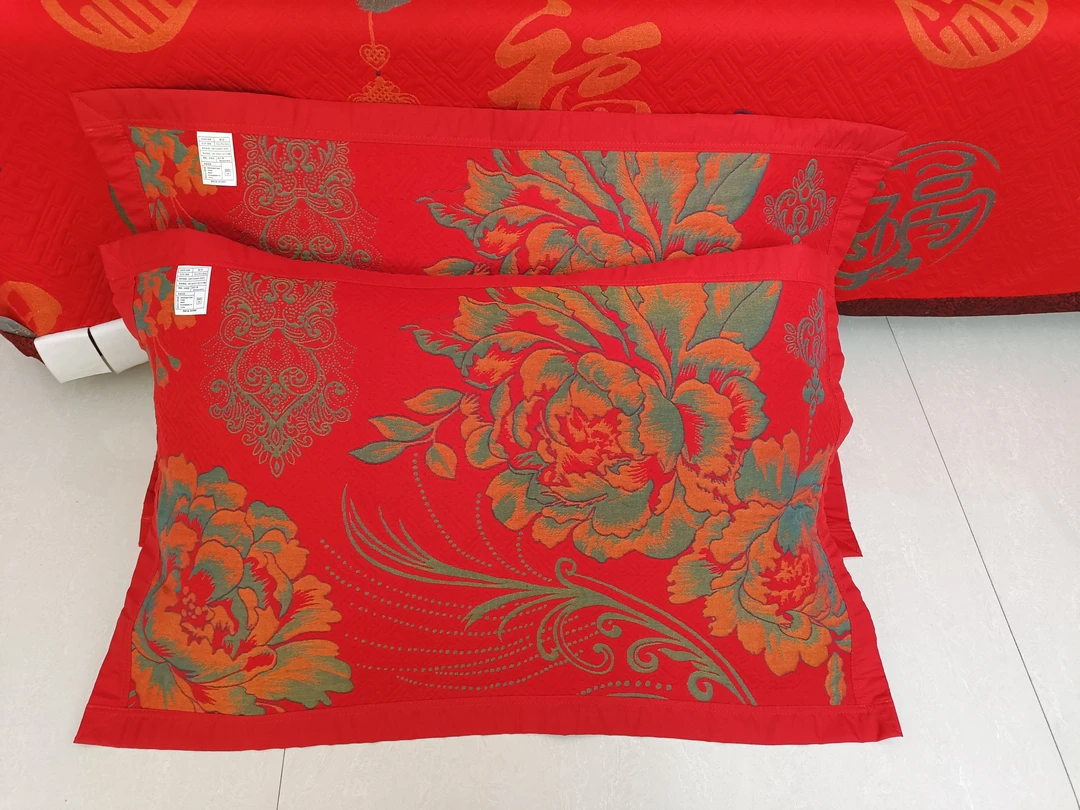 枕巾-繁华盛世-红色床盖印花加大大红配套枕巾52*78（两条装大号）