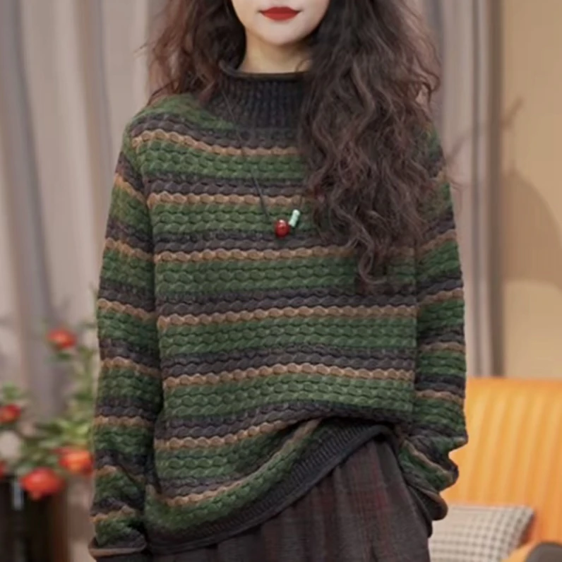 秋冬新款复古艺复古撞色提花棉线针织衫女宽松显瘦百搭加厚毛衣