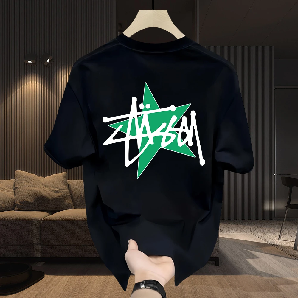 2025新款潮牌男士纯棉白T恤圆领上衣印花时尚宽松短袖打底衫夏季