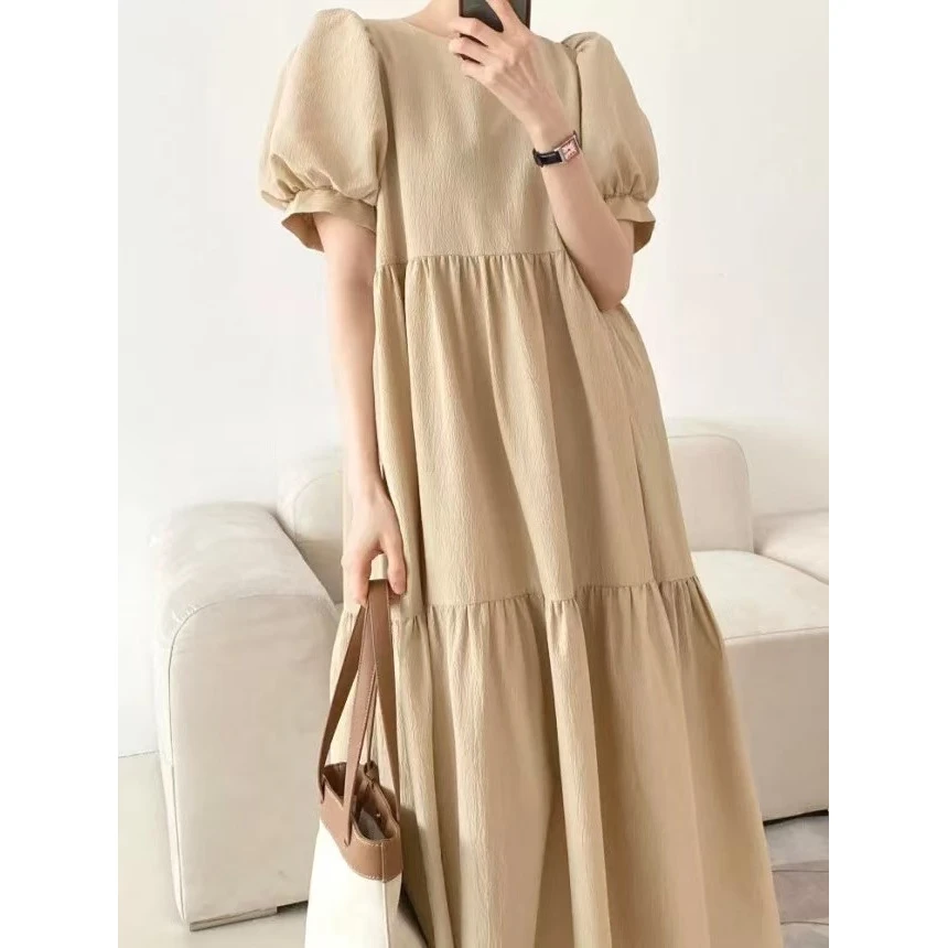 499 chic夏季新款法式复古泡泡袖宽松大摆长款连衣裙女韩系长裙子