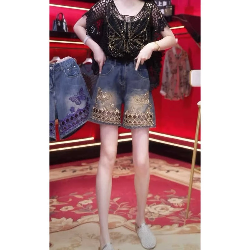 百搭时尚烫钻刺绣牛仔短裤女高腰显瘦阔腿裤大码夏季新款镂空时尚