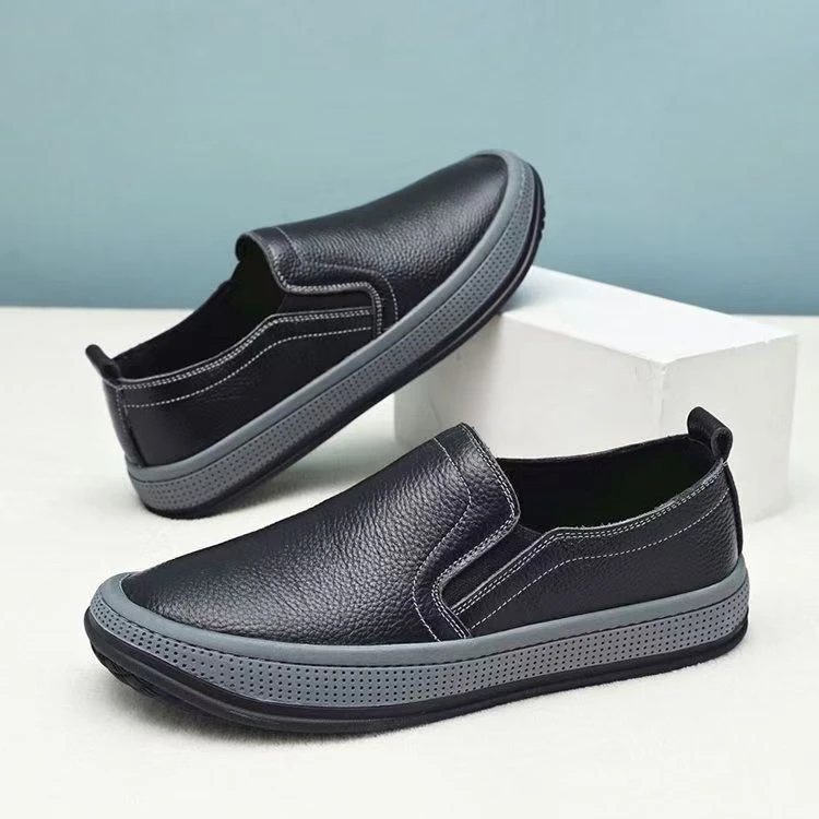 【UMI鞋业】新款懒人一脚蹬男鞋牛皮厚底防滑休闲鞋软皮软底中年鞋