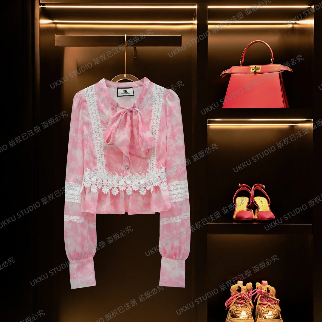 沐【UKKU STUDIO】长袖名媛气质蕾丝百搭潮流干枯玫瑰衬衫312495