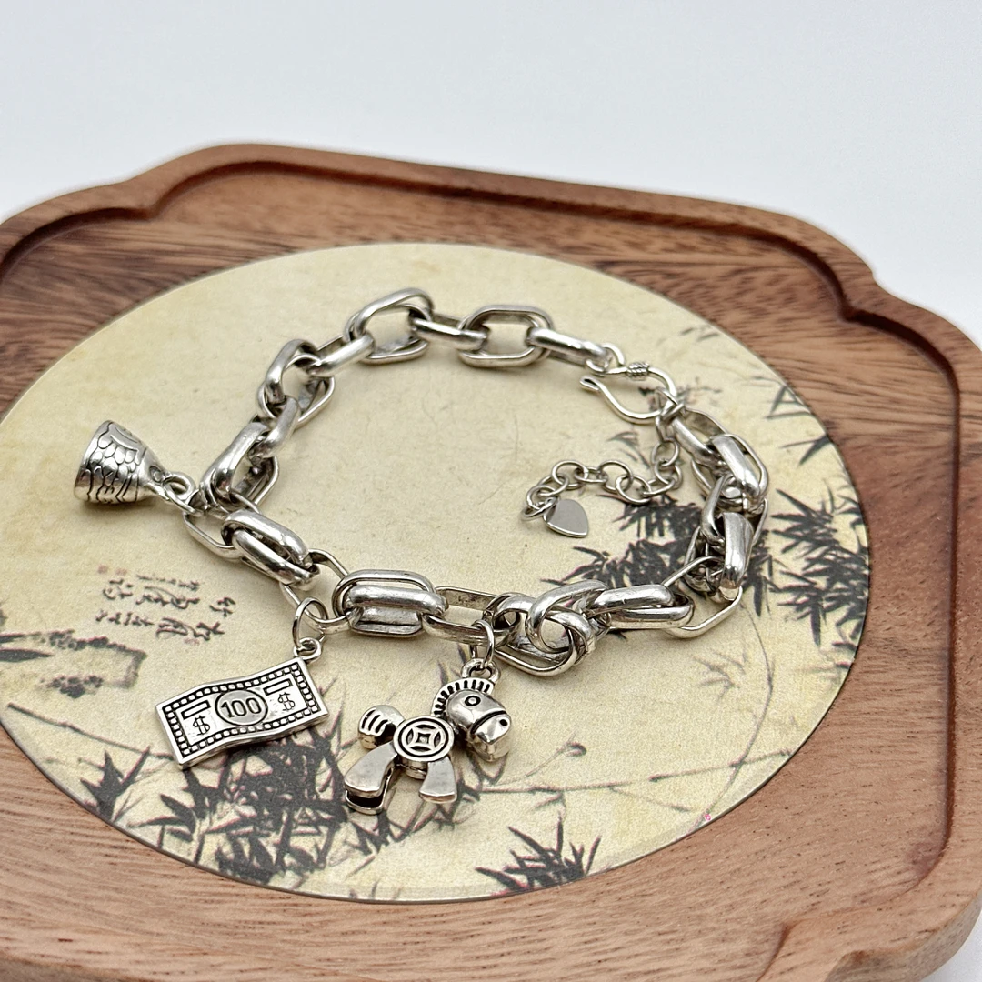 足银手链 精选日韩9999银马上有钱复古手链女ins个性设计时尚别致