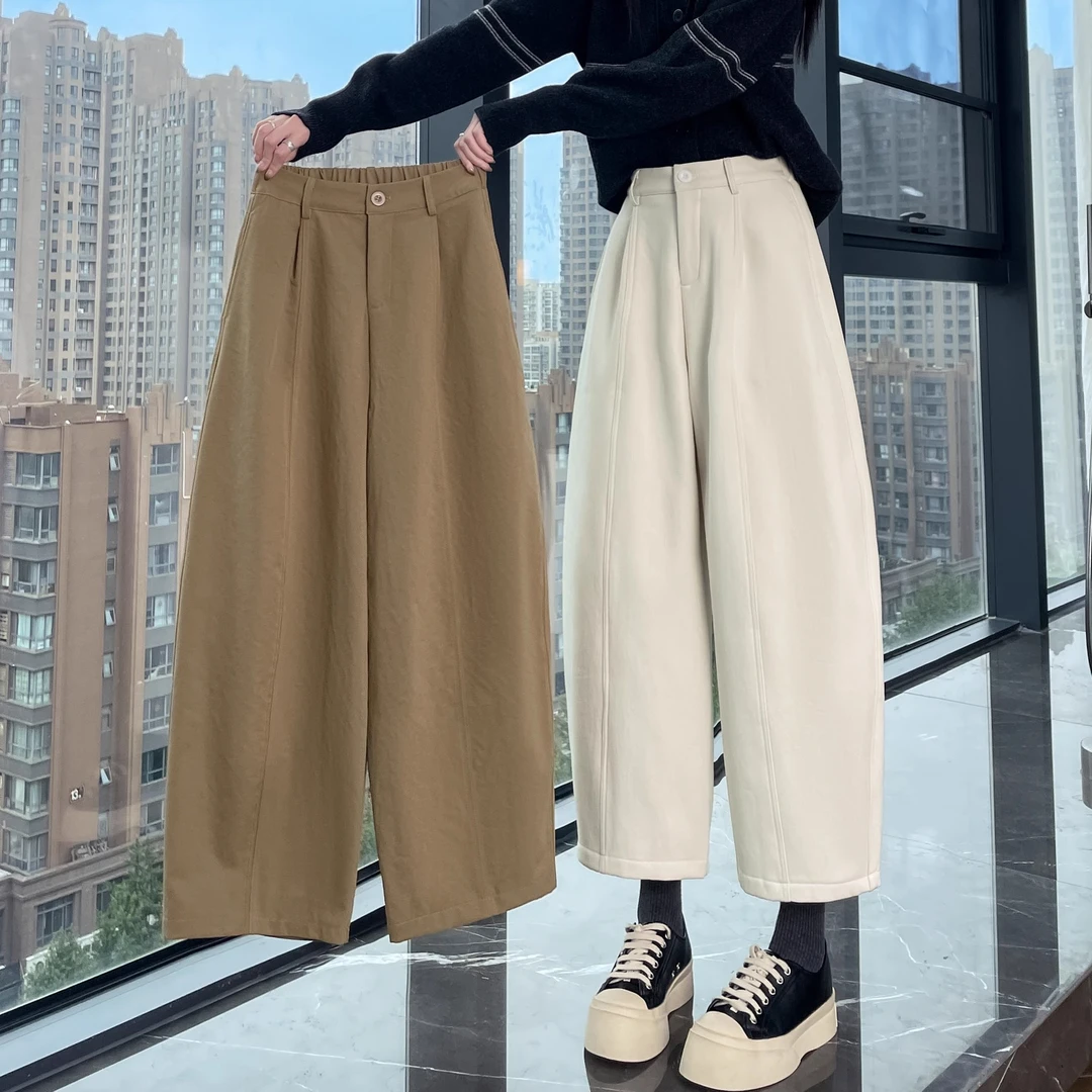 秋冬季加绒九分气球裤女初中高中学生加厚宽松休闲直筒香蕉阔腿裤