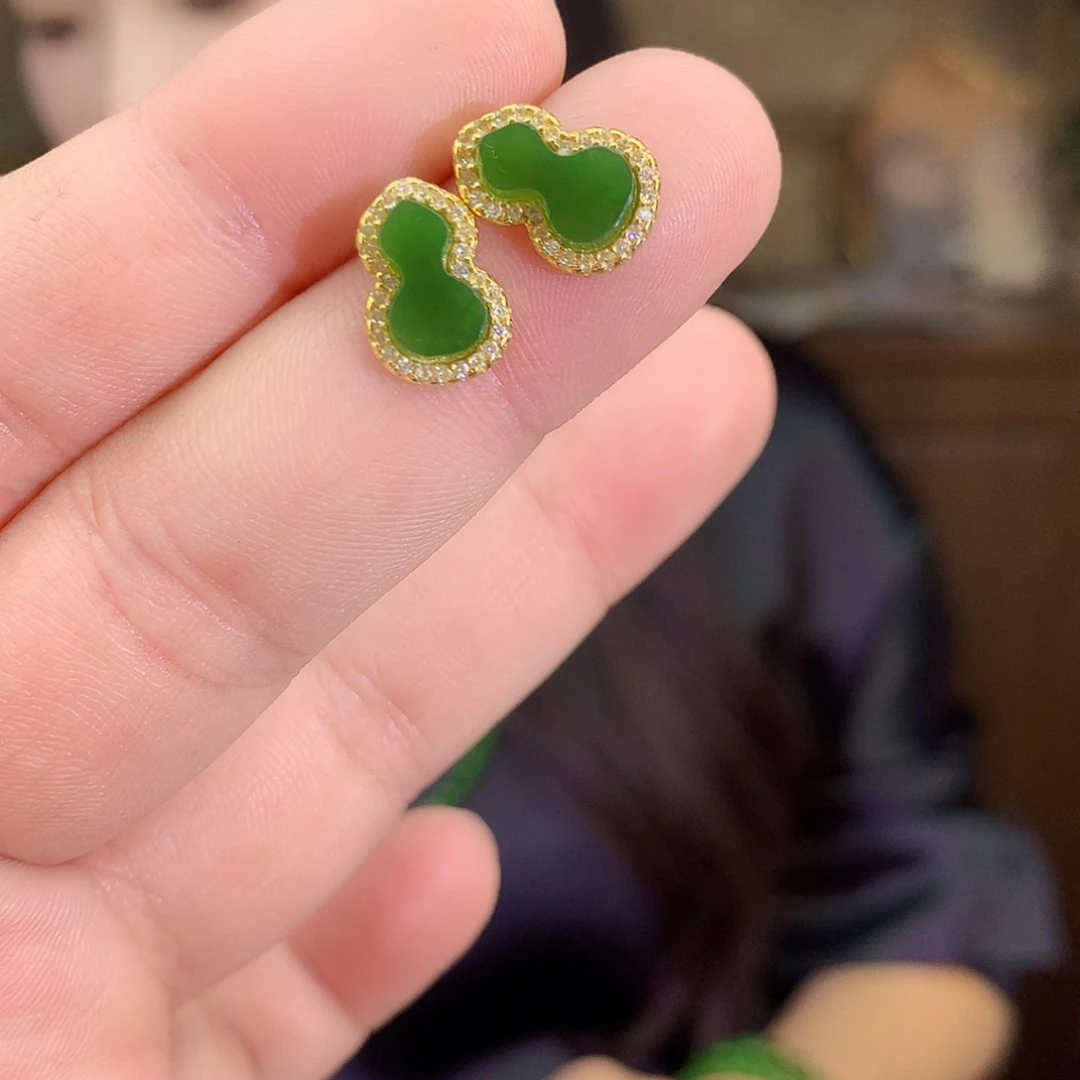 吊坠(不含链)银S925镶嵌和田玉（碧玉）耳饰