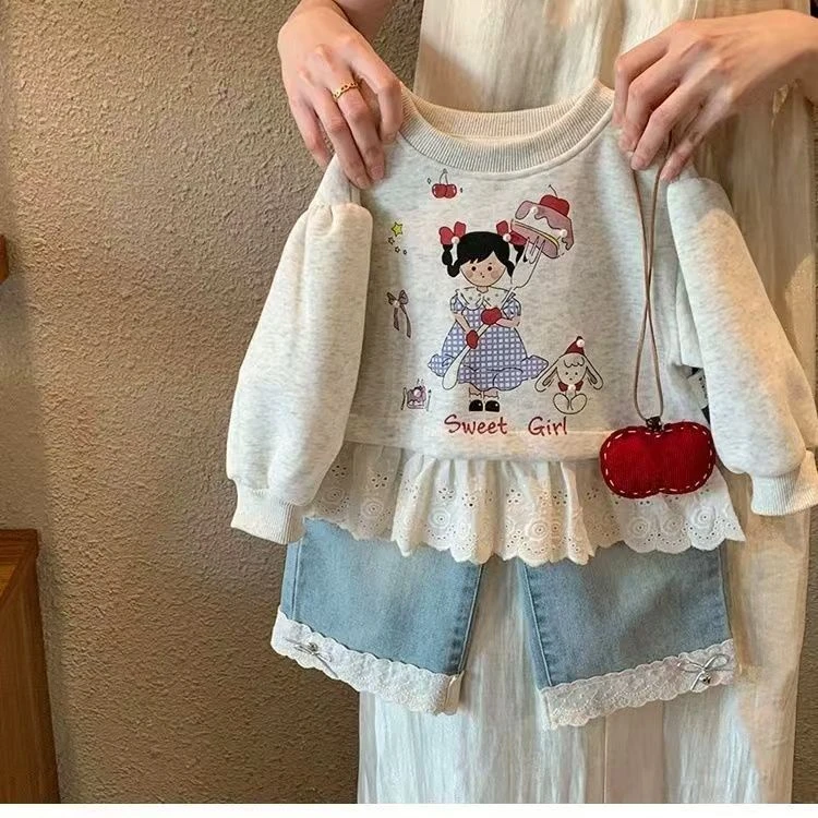 女童套装春秋2025新款儿童洋气时髦宝宝休闲花边卫衣牛仔裤两件套