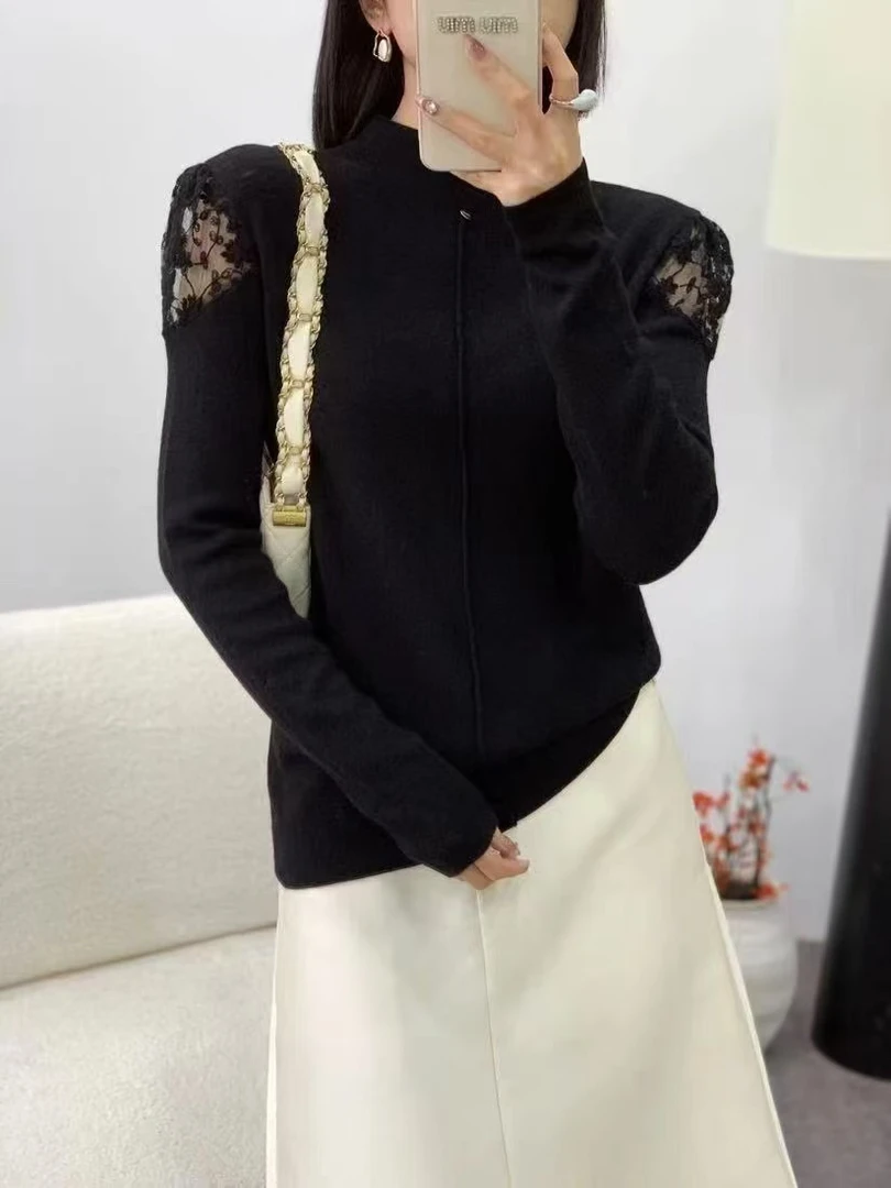 2024深圳卡莎拼接蕾丝肩软糯羊毛针织衫秋冬舒适百搭毛衣女上衣