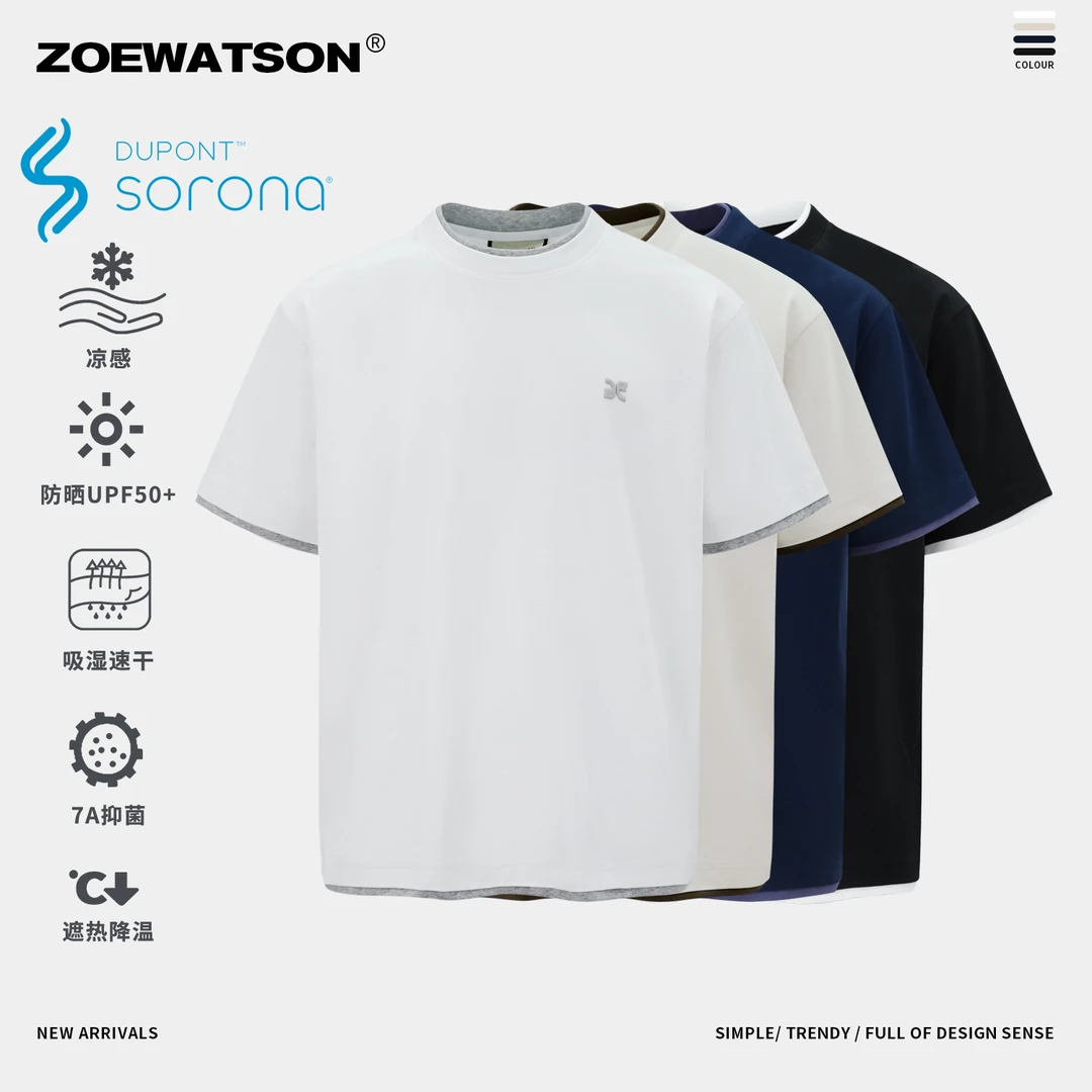 【ZOEWATSON】夏季刺绣T恤假两件索罗娜凉感宽松百搭圆领短袖Z2976