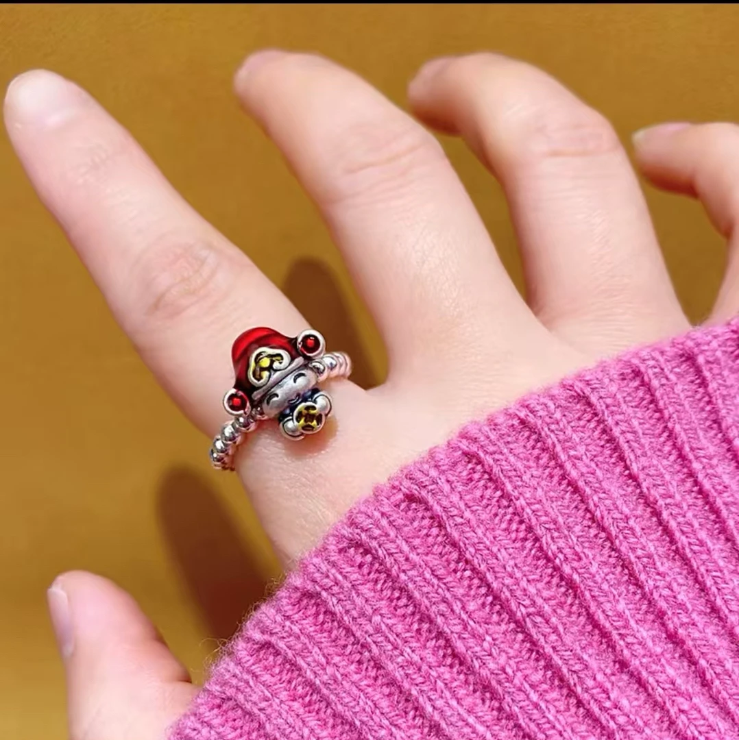 足银戒指 足银999戒指女纯银小财神银珠珐琅彩红色本命年复古戒指