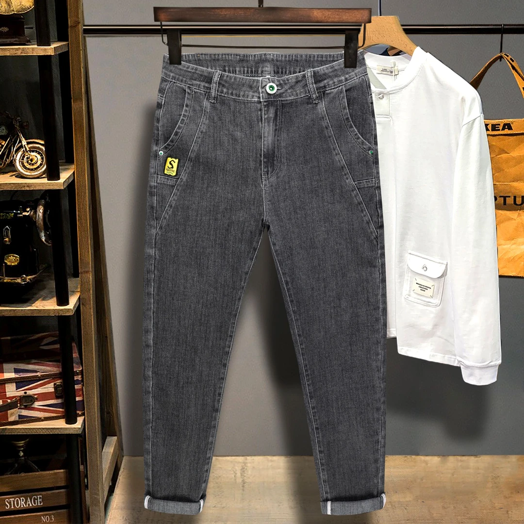 夏季新款轻奢男士牛仔裤斜插口袋修身小直筒弹力百搭长裤