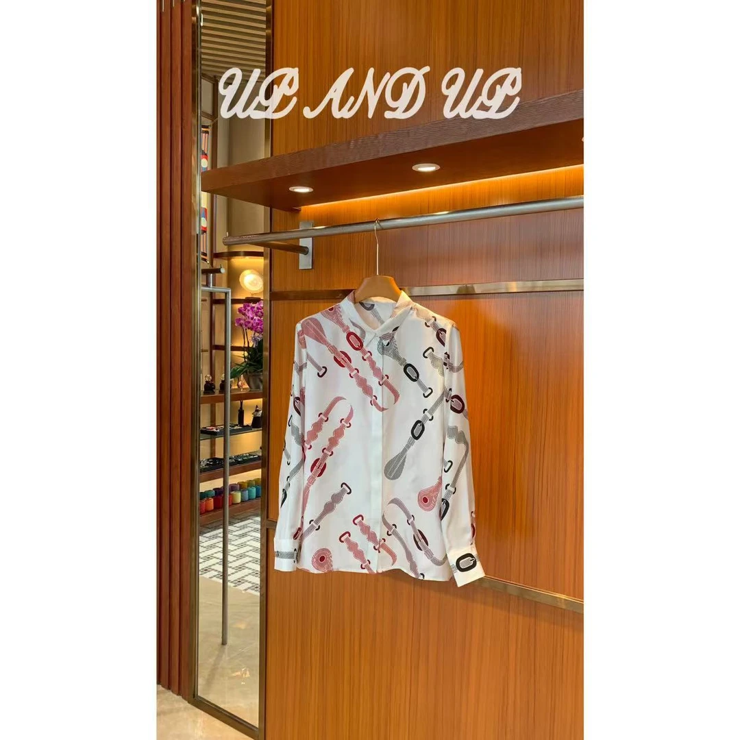 ‘链条绳索’斜纹绸定位印花 轻奢高级长袖宽松百搭衬衫