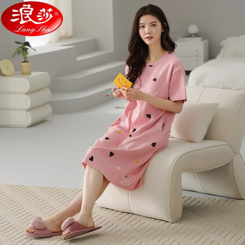 浪莎睡裙女夏天短袖带胸垫可外穿夏季女士睡衣甜美可爱孕妇家居服