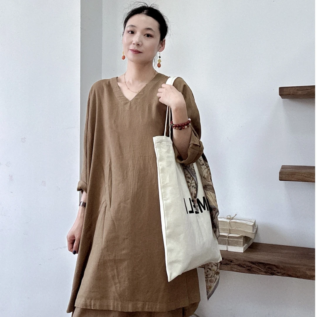 早秋新款简约宽松中长裙法式垂感连衣裙V领百搭气质国风长裙9557