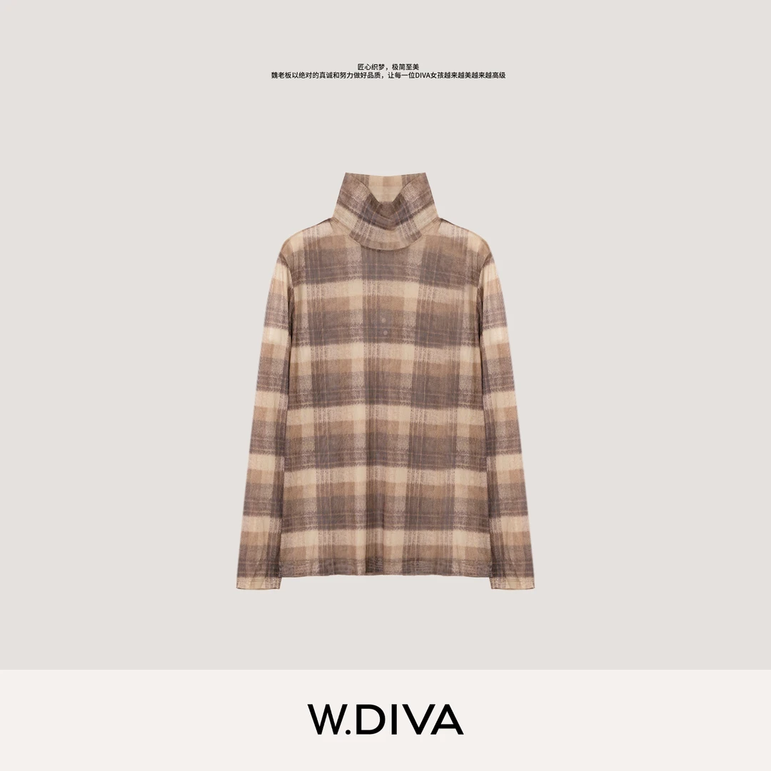 W.Diva【暖忆格纹】修身高密弹力网纱格纹高领上衣长袖T恤53T183119