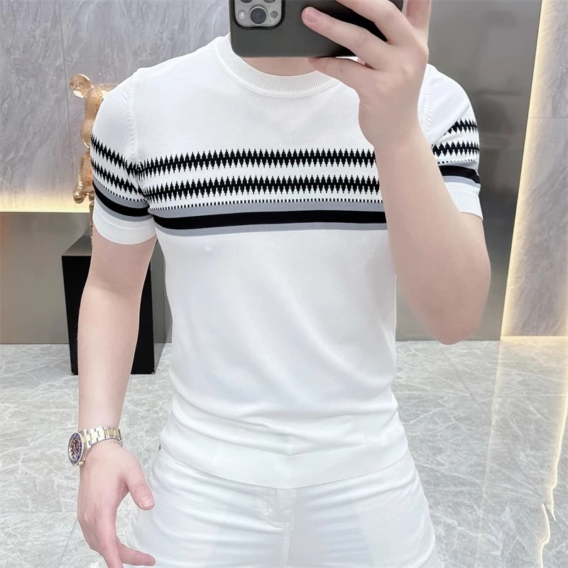 欧货轻奢高品质短袖T恤男时尚休闲夏季潮流百搭半袖条纹上衣25299